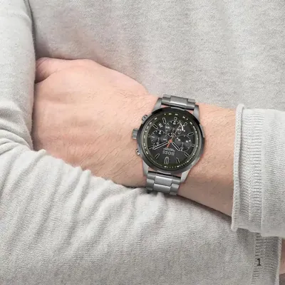 Hugo Boss Grey Steel Olive Green Dial Solar-Chronograph Men's Watch 